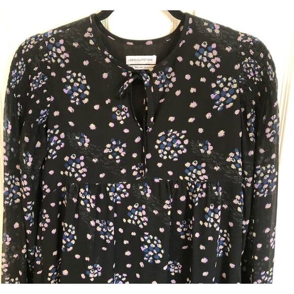 Urban Outfitters Size XS Black Floral Long Sleeve Mini Dress Tie Front Crepe - Picture 2 of 7